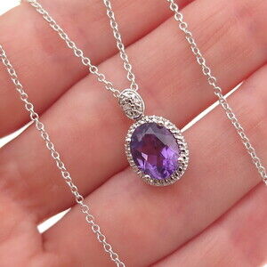 Sai 925 Sterling Silver Italy Real Diamond & Amethyst Cable Chain Necklace 18"